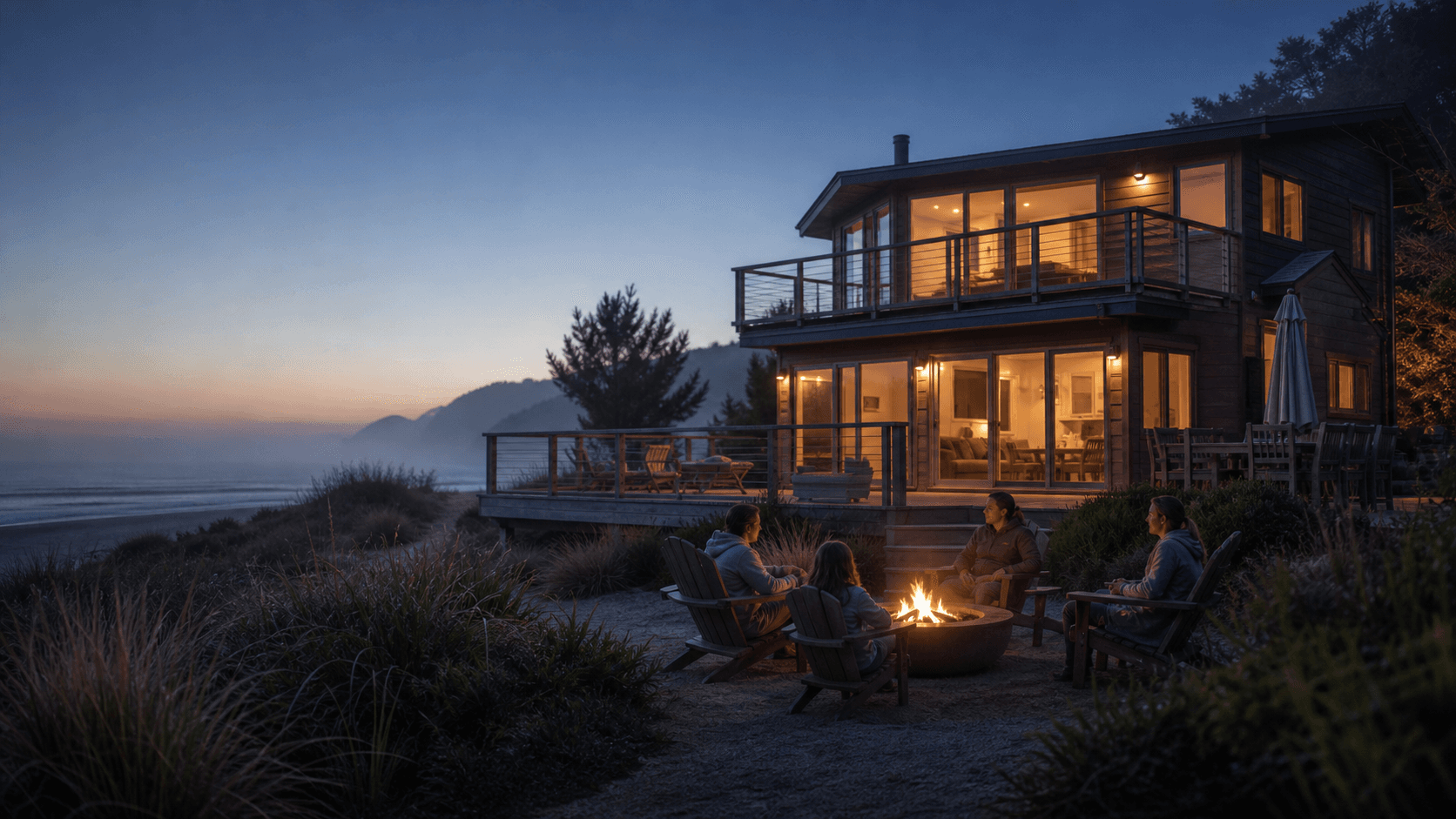 Guests gathered outside a Solandis-managed coastal home at blue hour